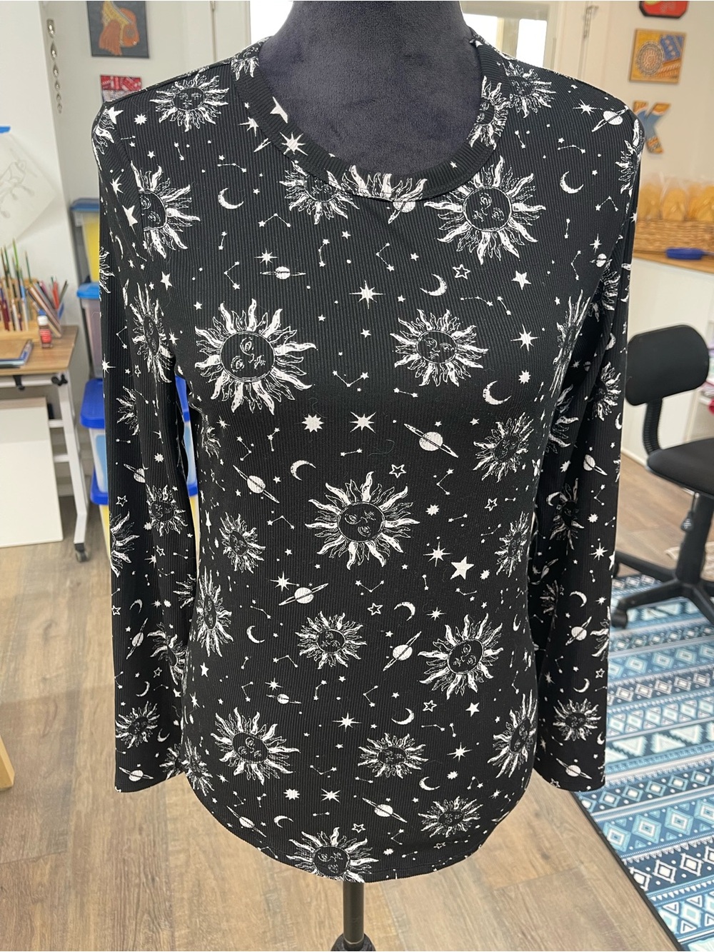 No Boundaries Black Long Sleeve Sun & Moon Print Tee